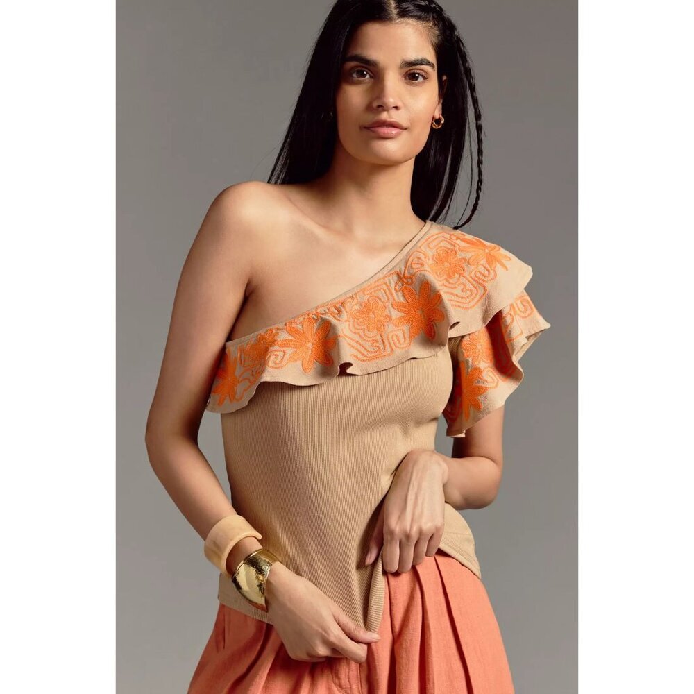 Anthropologie Dolan Embroidered One-Shoulder Top XL Summer Resort Beach Vacay